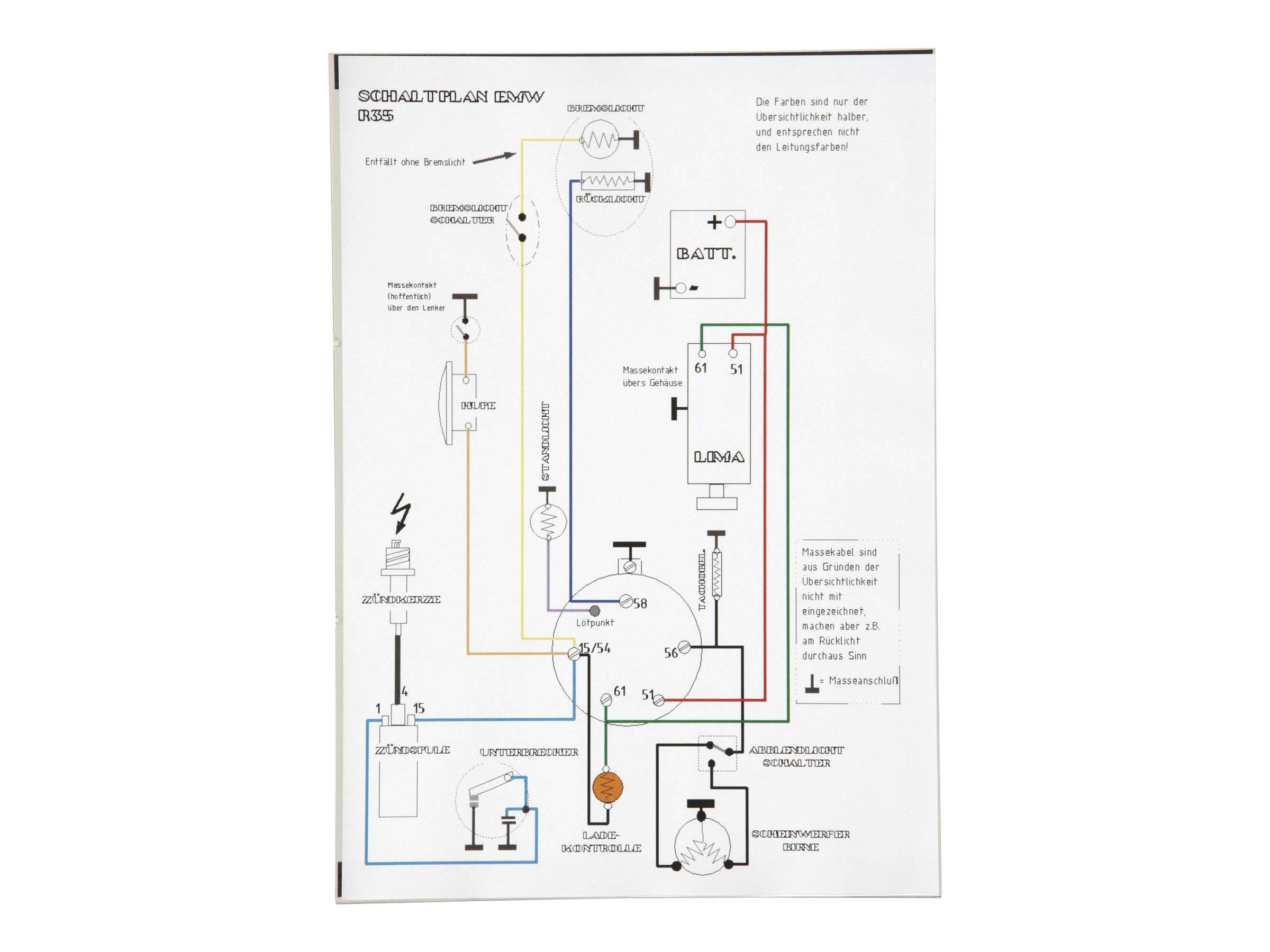 Technisches Verdrahtungsschema mit elektrischen Verbindungen zwischen Batterie, Lampe, Schaltern, Relais und Zündungskomponenten in einem Fahrzeugsystem.