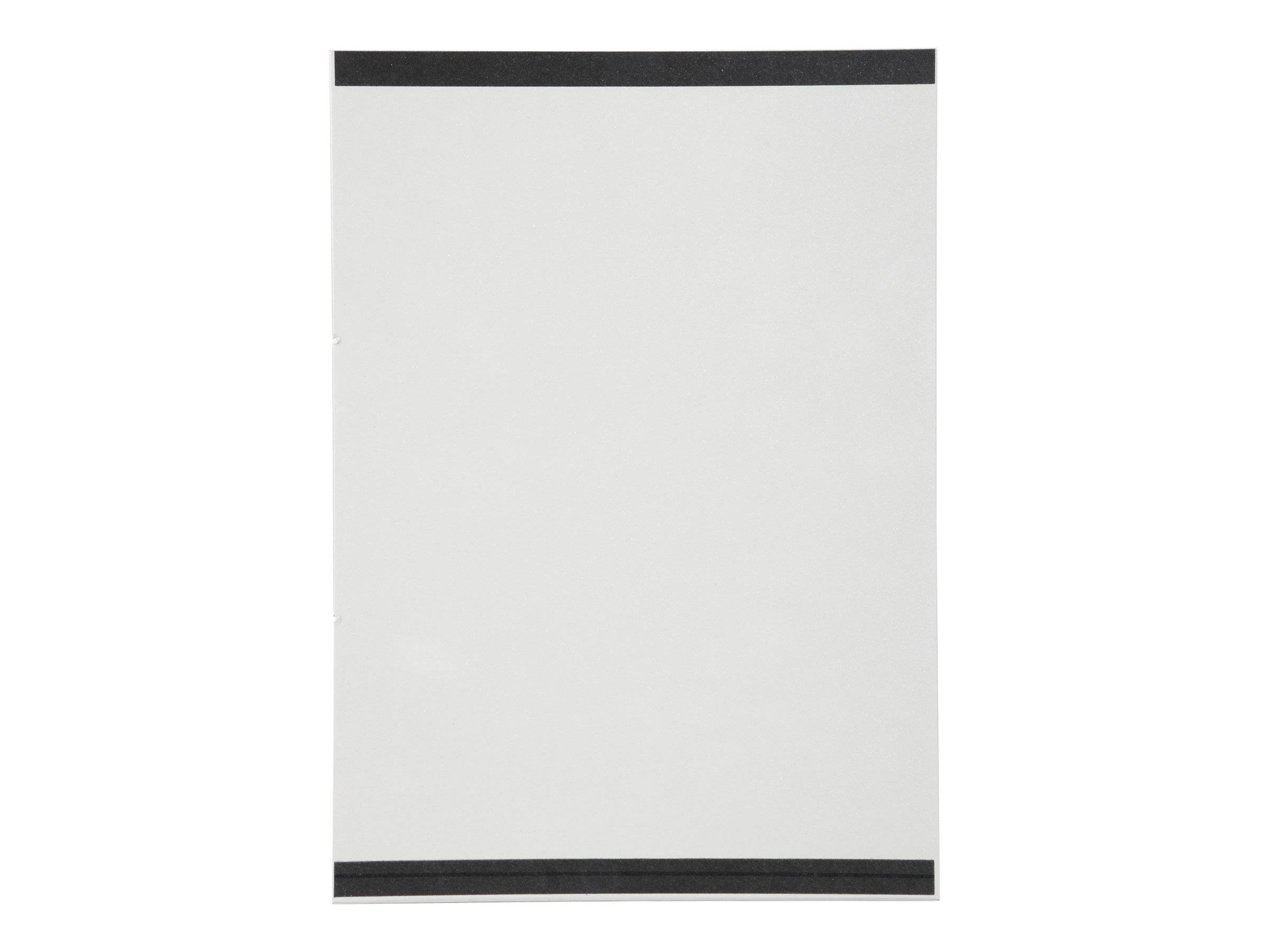 Weißes Blatt mit dunkelgrauen Bändern oben und unten