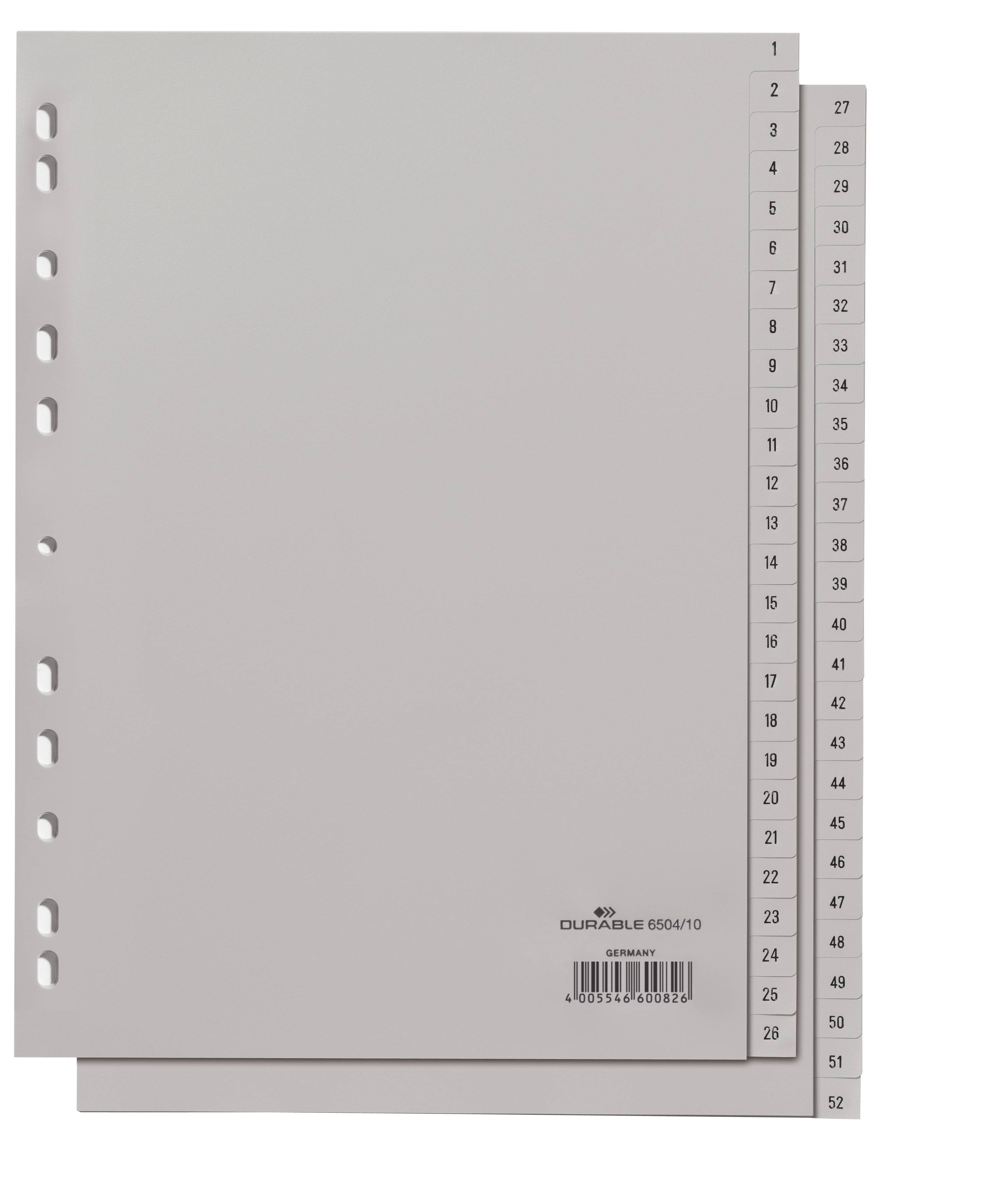 DURABLE - Trennelement - 52 (26 x 2) Teile - vorgedruckt: 1-26, 27-52 - mit Register - Grau (Packung mit 5)