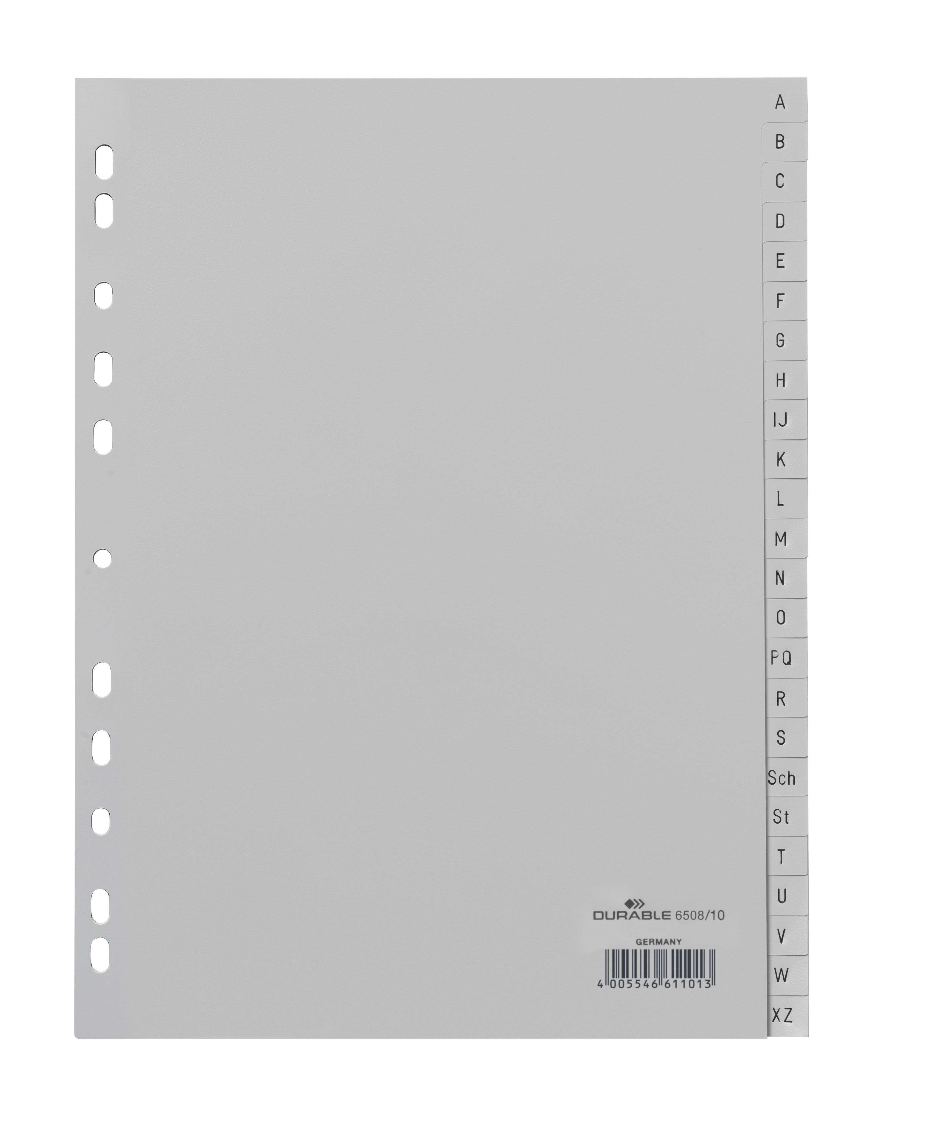 Grauer Ordner-Trennblatt mit Registerkarten A bis Z am rechten Rand und Lochungen am linken Rand, beschriftet mit „Durable 6500 10
