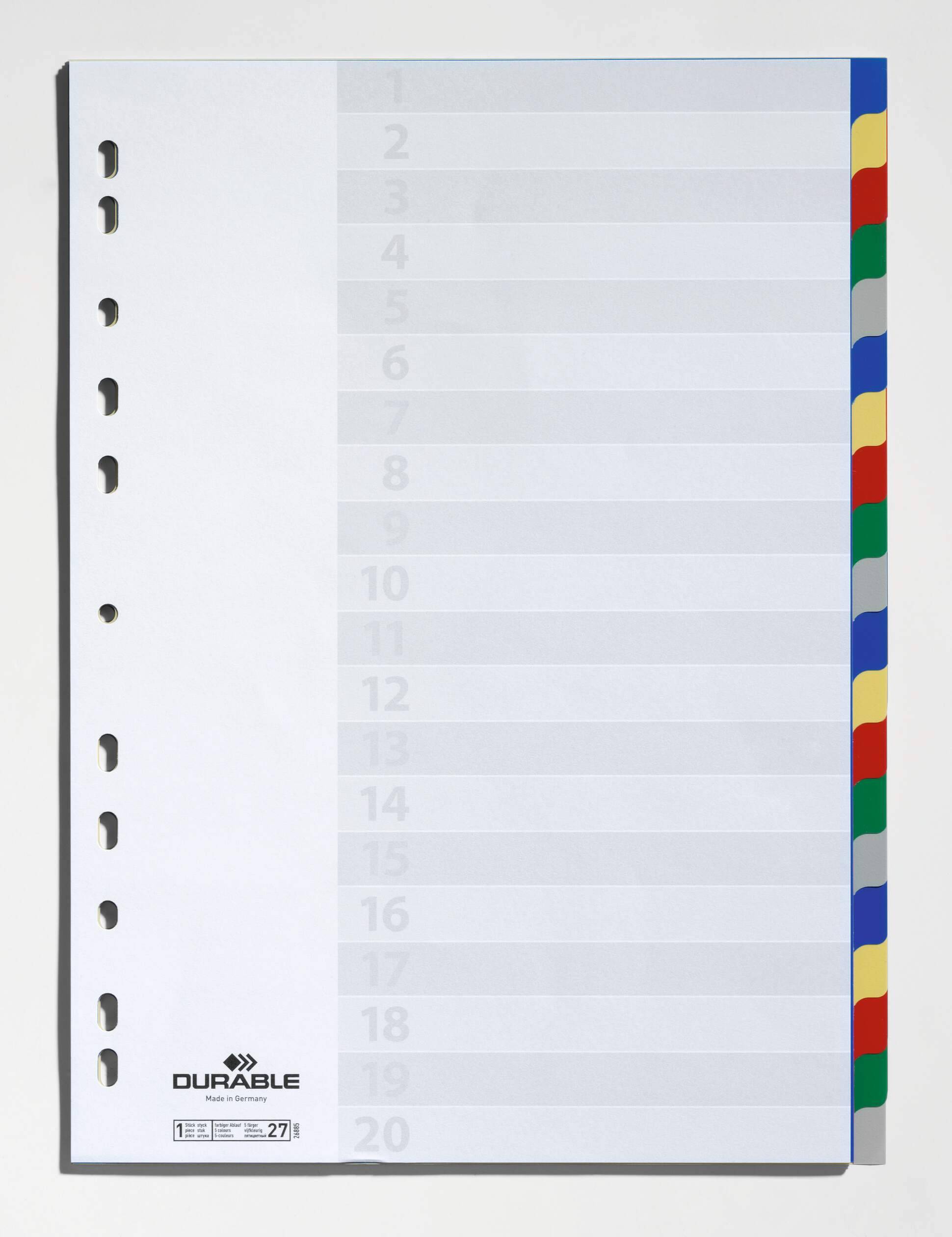 Tabulatoren mit Zahlenindex in einem Ordner, mit mehrfarbigen Reitern und schwachen Seitennummern 1-20.