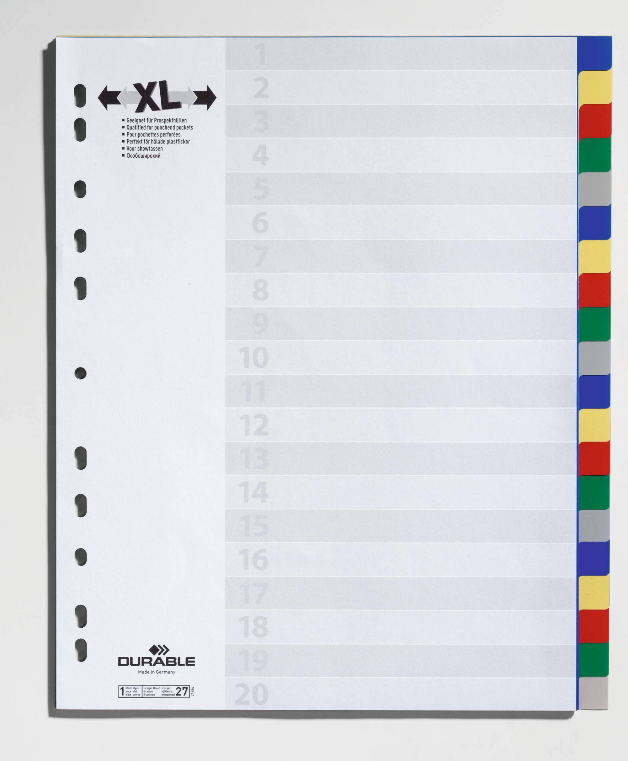 Trennblatt für einen Ordner, beschriftet mit 'XL', mit nummerierten Reitern 1 bis 20 und farbigen Registereitern entlang der rechten Kante.