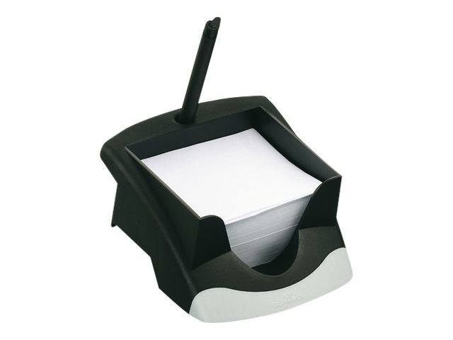 Schwarzer Schreibtisch-Notizhalter mit einem eingesteckten Stift, der einen Stapel weißer Haftnotizen hält.