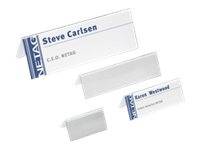 Beispiele für maßgefertigte weiße Namenszelte mit blauer vertikaler Branding, eines mit der Aufschrift „Steve Carlsen