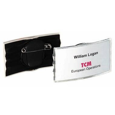 Transparenter Kunststoff-Ausweishalter mit schwarzer Rückseite, mit dem Namensschild „William Logan