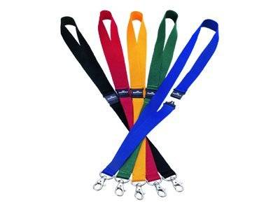 Fünf bunte Umhängebänder mit Metallclips, die sich fächerförmig überlappend auf weißem Hintergrund überlagern.