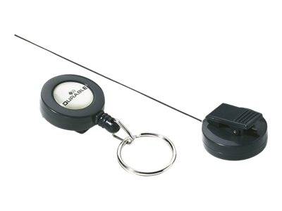 Ausziehbare Schlüsselrolle mit angefügtem Schlüsselring und Clip, zeigt das verlängerte Kabel und zwei schwarze runde Teile auf weißem Hintergrund.