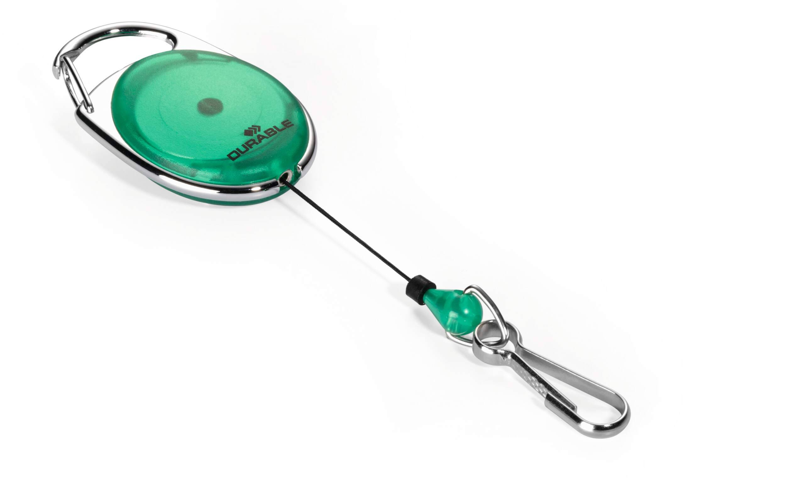 Grüne ausfahrbare Abzeichenrolle mit Metallclip und Karabiner, auf weißem Hintergrund dargestellt.