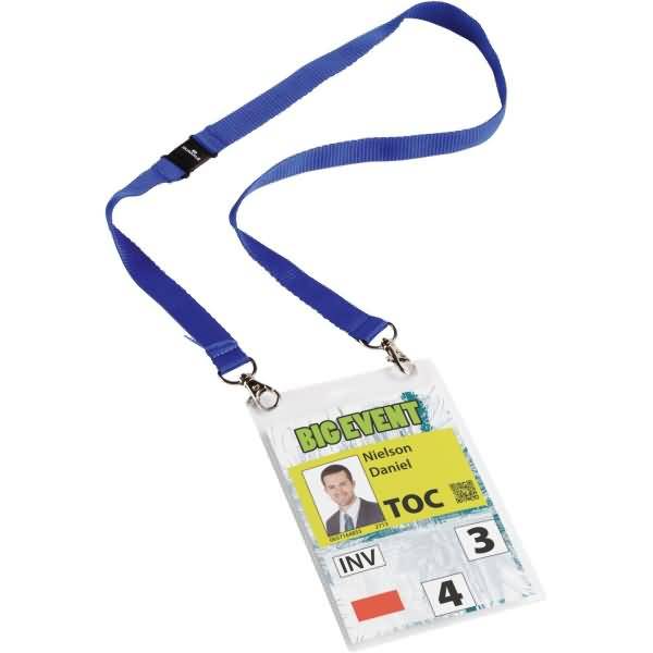 Event-Namensschild A6 transparent / dunkelblaues Band VE=10 Stück