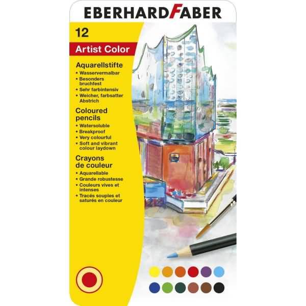 Aquarellstift Buntstift VE=12 Farben + Pinsel Metall Etui