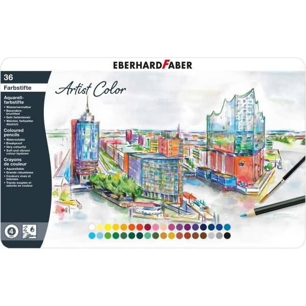Aquarellstift Buntstift VE=36 Farben + Pinsel Metall Etui