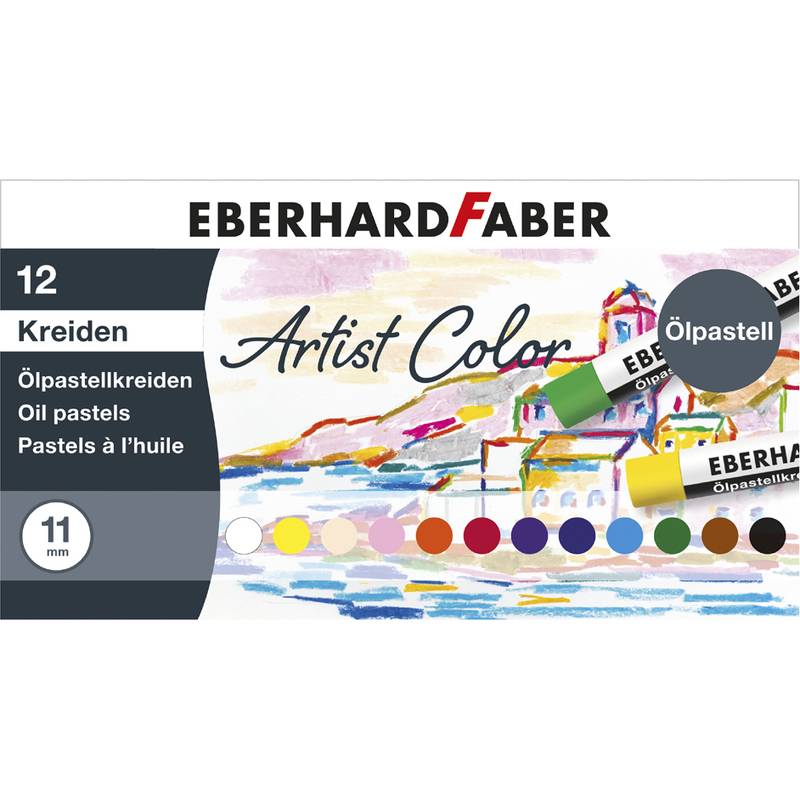 Schachtel mit Eberhard Faber Ölpastellkreiden, 12 Farben. Enthält Illustration einer farbenfrohen Landschaft. Etikett in Deutsch, Englisch und Französisch.
