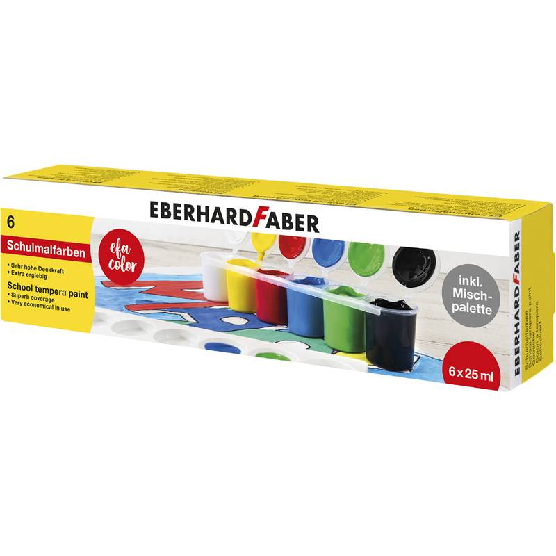 Eberhard Faber Schul-Temperafarben-Set, 6 Farben in 25 ml Töpfen, mit Mischpalette auf der Schachtel abgebildet.