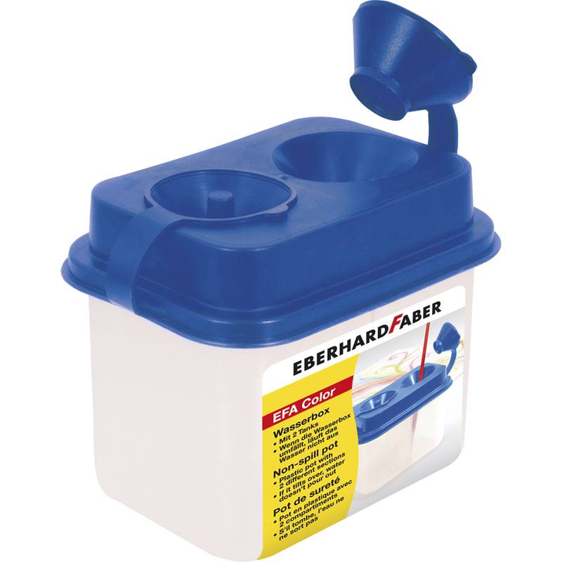 Wasserkastenmal-Becher mit blauem Deckel von Eberhard Faber mit angebrachtem Pinselhalter, gezeigt auf einem transparenten Behälter mit Produktetikett.