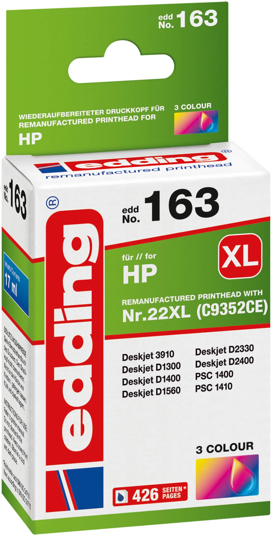 Edding Druckerpatrone ersetzt HP 22XL, C9352AE Kompatibel Cyan, Magenta, Gelb EDD-163 18-163