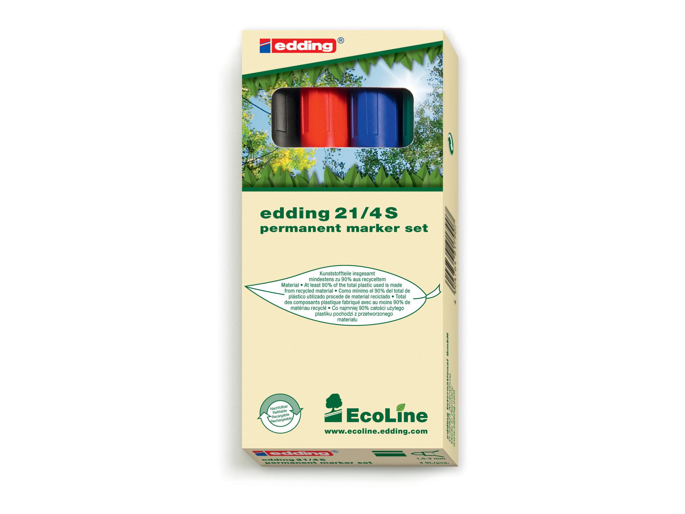 edding EcoLine 21 - Marker - permanent - für Glas, Metall, Plastik - Schwarz, Rot, Blau, Grün - 1.5-3 mm (Packung mit 4)