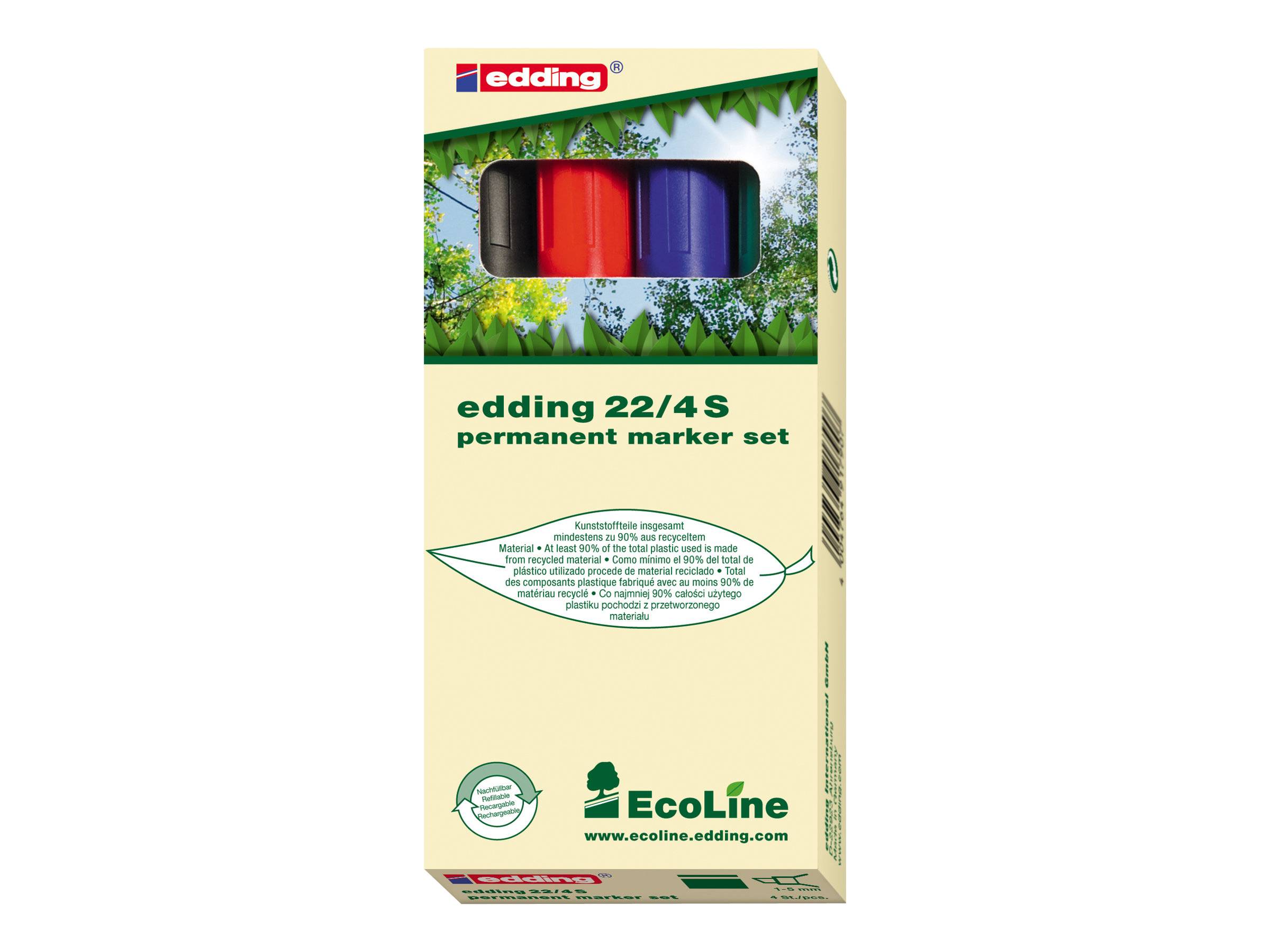 edding EcoLine 22 - Marker - permanent - Schwarz, Rot, Blau, Grün - 1-5 mm (Packung mit 4)