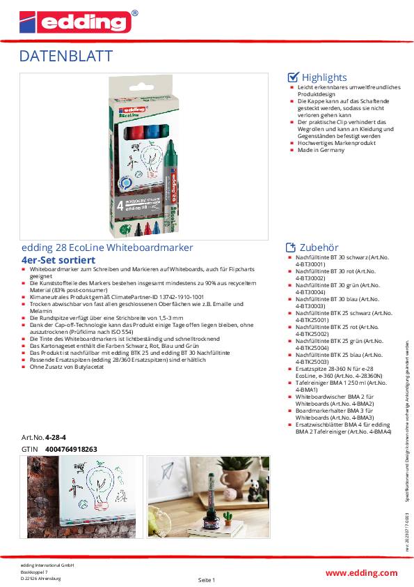 Whiteboardmarkerset 28 EcoLine schwarz/rot/blau/grün Strich-B.1,5-3mm Rundspitze