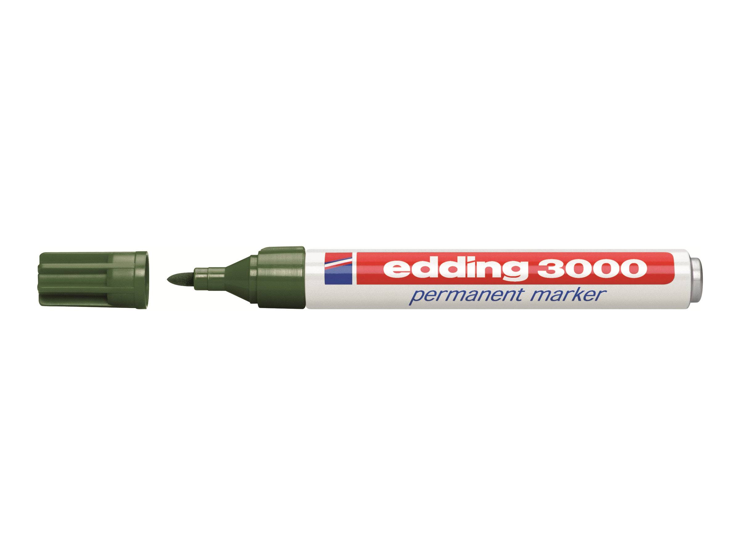 Grüner Edding 3000 Permanentmarker mit entfernter Kappe, horizontal auf weißem Hintergrund dargestellt.