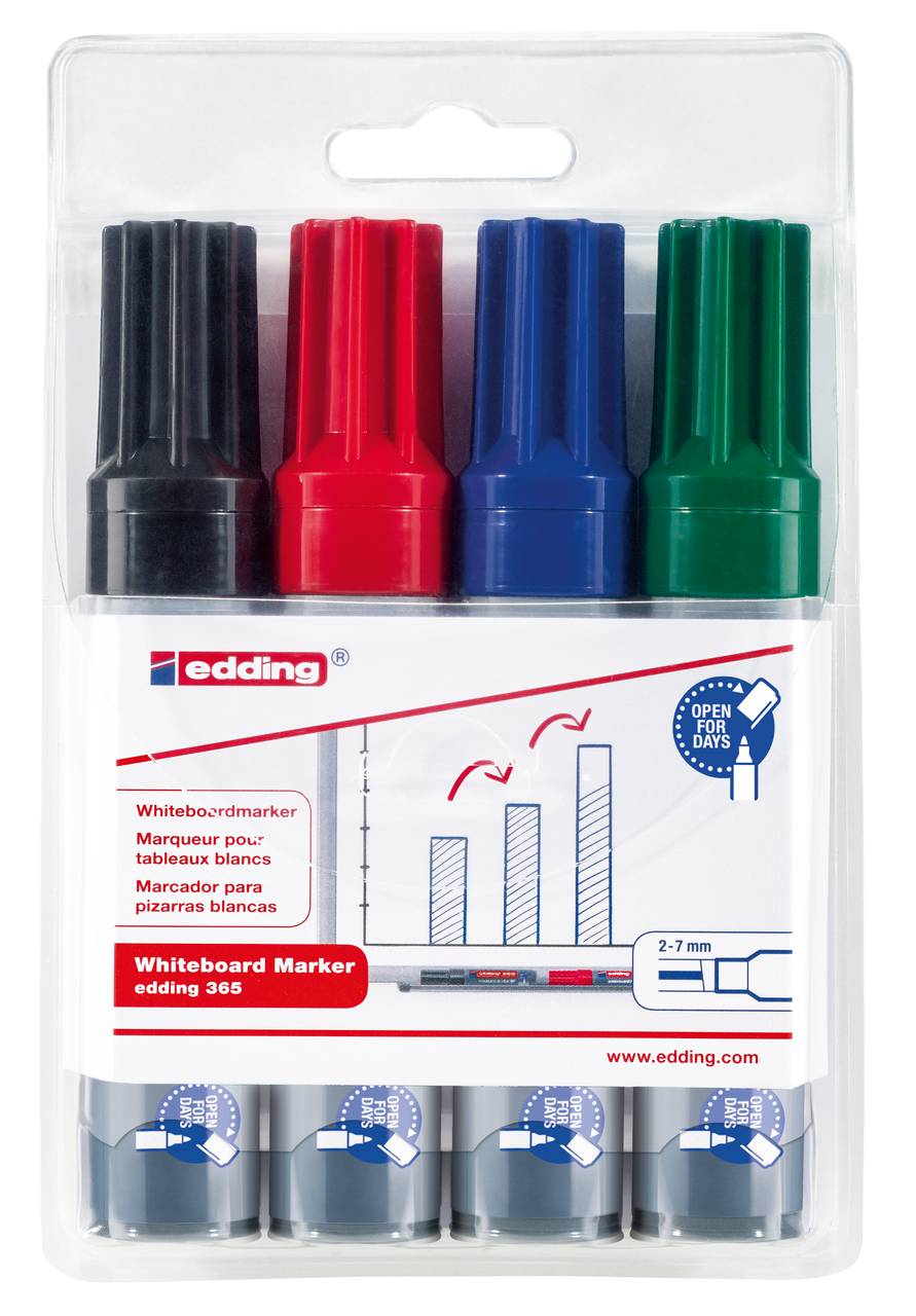 EDDING 365 board - Marker - für Tafel - Schwarz, Rot, Blau, Grün - Pigmenttinte - 2-7 mm (Packung mit 4)