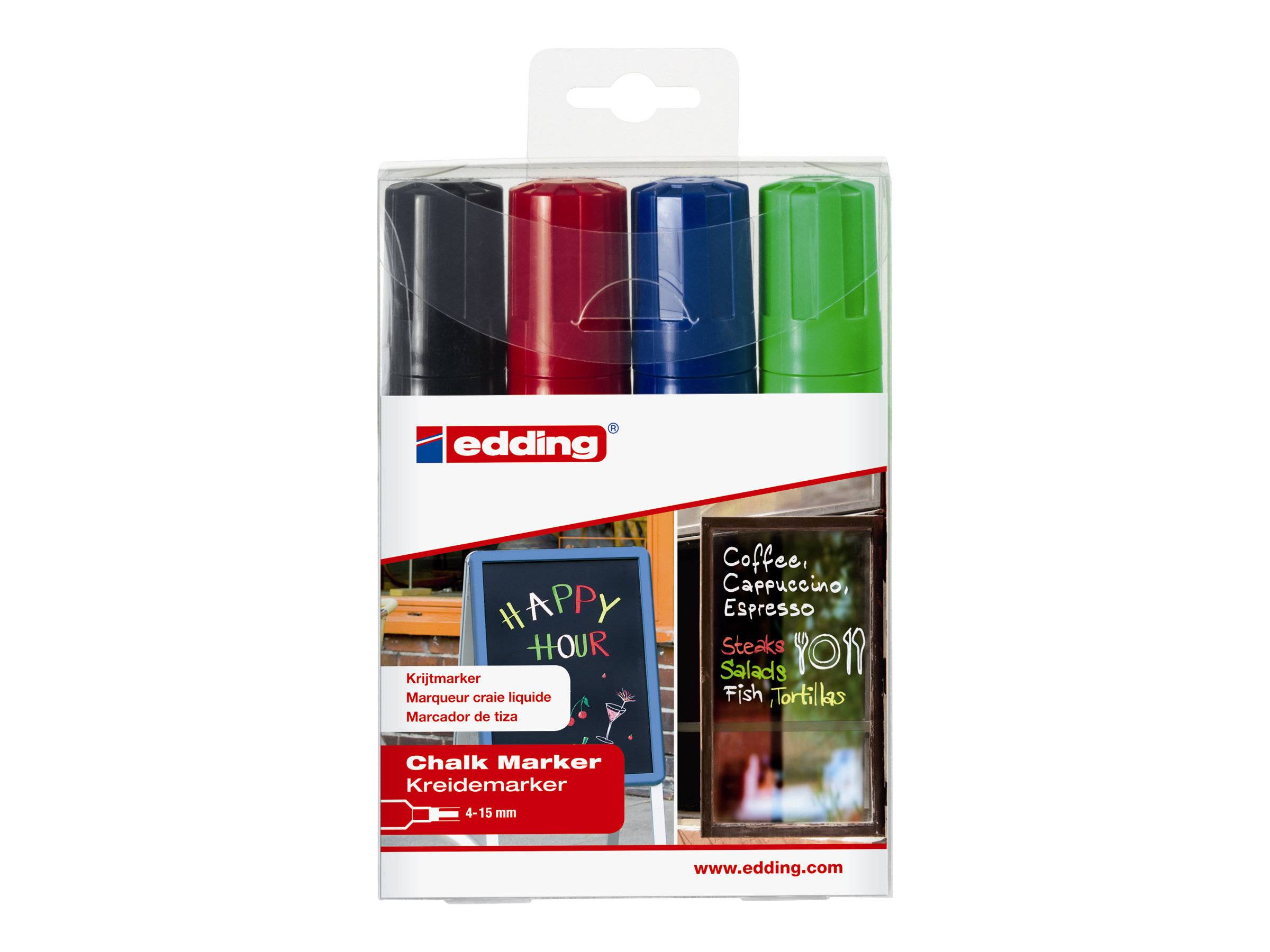 edding 4090 chalk - Marker - für Glas, Spiegel, Tafel - Schwarz, Rot, Blau, Neongrün - wasserbasierte Flüssigkreide - 4-