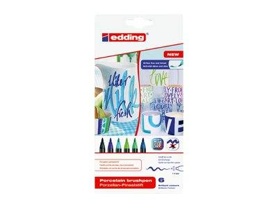 edding 4200 porcelain - Pinselstift - für Glas, Keramik, Porzellan - Schwarz, Hellblau, Violett, Hellgrün, Türkis, Stahl