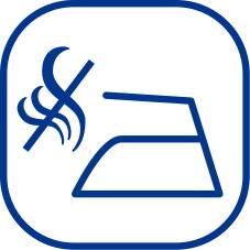 Blaues Symbol eines Dampfbügeleisens mit Hitze- oder Dampfabgabe, dargestellt in einem abgerundeten Quadrat auf schwarzem Hintergrund.
