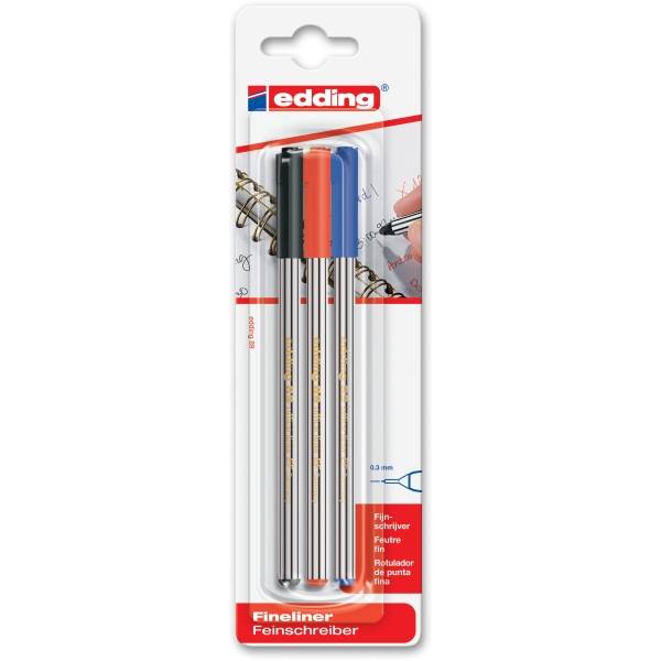Fineliner edding 89 Blisterverpackung VE=3 Stück schwarz, rot, blau