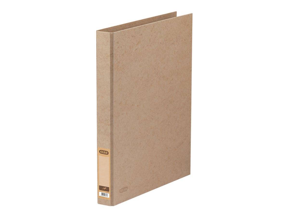 Leerer brauner Hardcover-Ordner oder Notizbuch aufrecht auf weißem Hintergrund stehend, in leichter Perspektive mit Rückenetikett dargestellt.