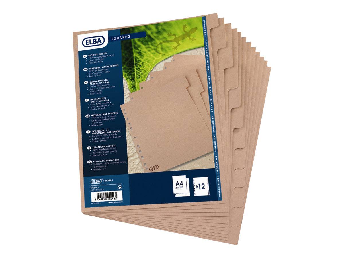 Stapel von ELBA Touareg A4 Manila-Ordnern mit gelochten Registern, in Einzelhandelsverpackung gezeigt.