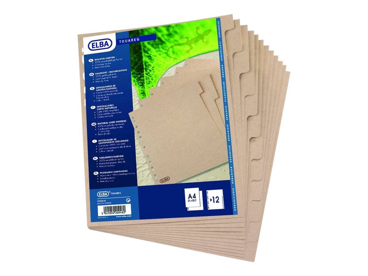 Stapel von ELBA Touareg Manila-Ordnermappen mit Registerreitern, dargestellt in Produktverpackung mit der Bezeichnung A4 und 12.