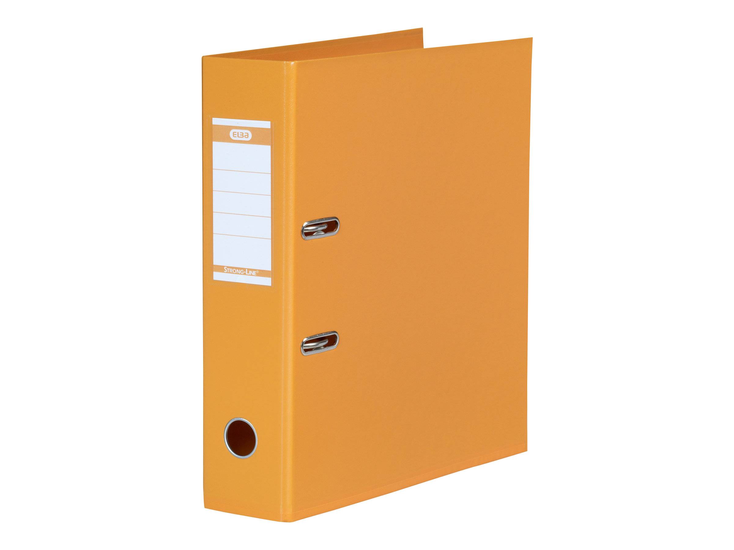 Orangefarbener Ringordner, der aufrecht steht, mit sichtbarem Etikettrücken und zwei sichtbaren Metallringen.