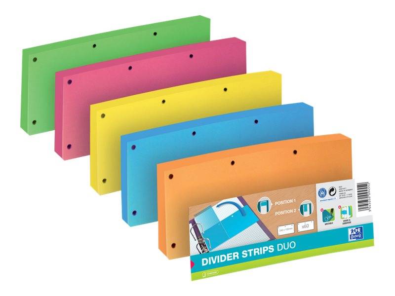 Farbenfrohe Kollektion perforierter Trennstreifen in Grün, Rosa, Gelb, Blau und Orange, gestapelt mit Produktverpackung mit der Bezeichnung „Divider Strips Duo