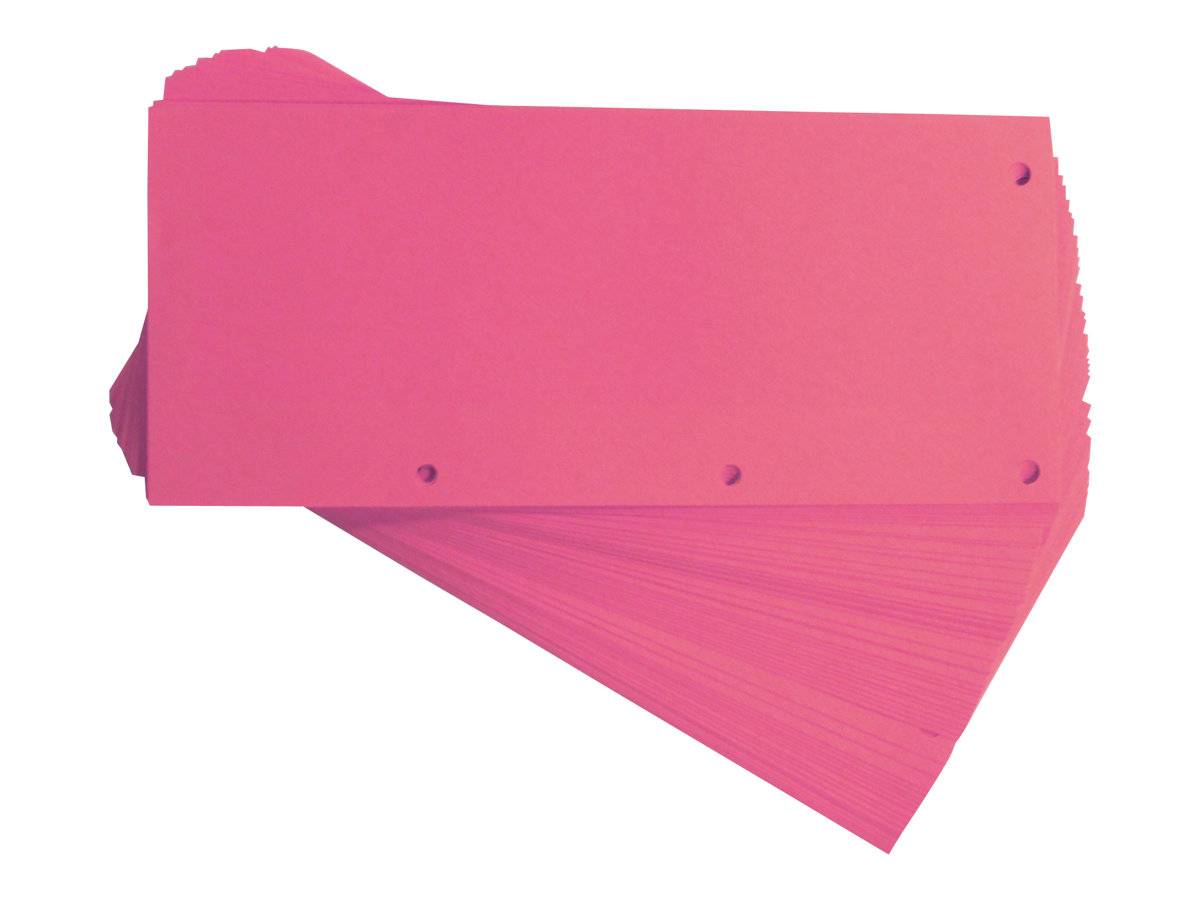 Stapel von rosa rechteckigen Papier- oder Dateireistern, die fächerförmig vor einem weißen Hintergrund angeordnet sind.