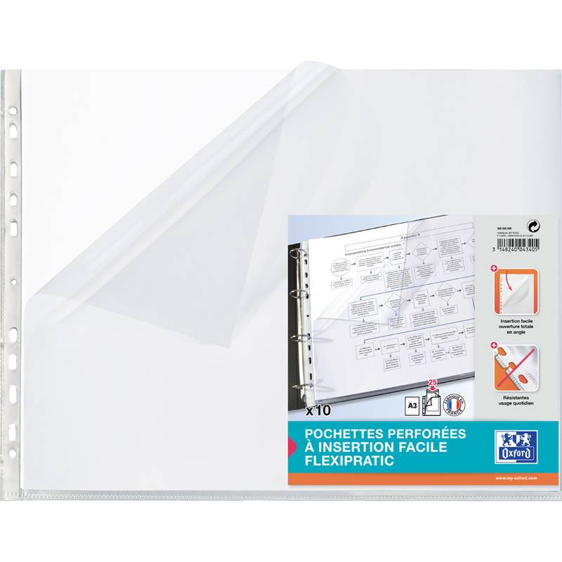 Ein Paket Flexseiten, entwickelt für einfaches Einfügen, mit zehn perforierten A3-Plastiktaschen zur Organisation und zum Schutz von Dokumenten.
