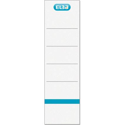 Hoher weißer EBA-markierter rechteckiger Ausstellungs- oder Produktständer mit fünf horizontalen Trennlinien und einem blauen Band am unteren Ende.