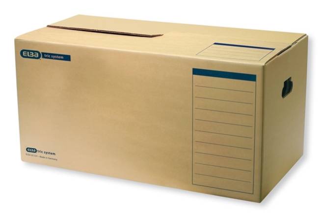 Beige Pappkarton-Aufbewahrungsbox mit Schlitzdeckel und Etikettenfeld, Marke 'ELBA trix system'.