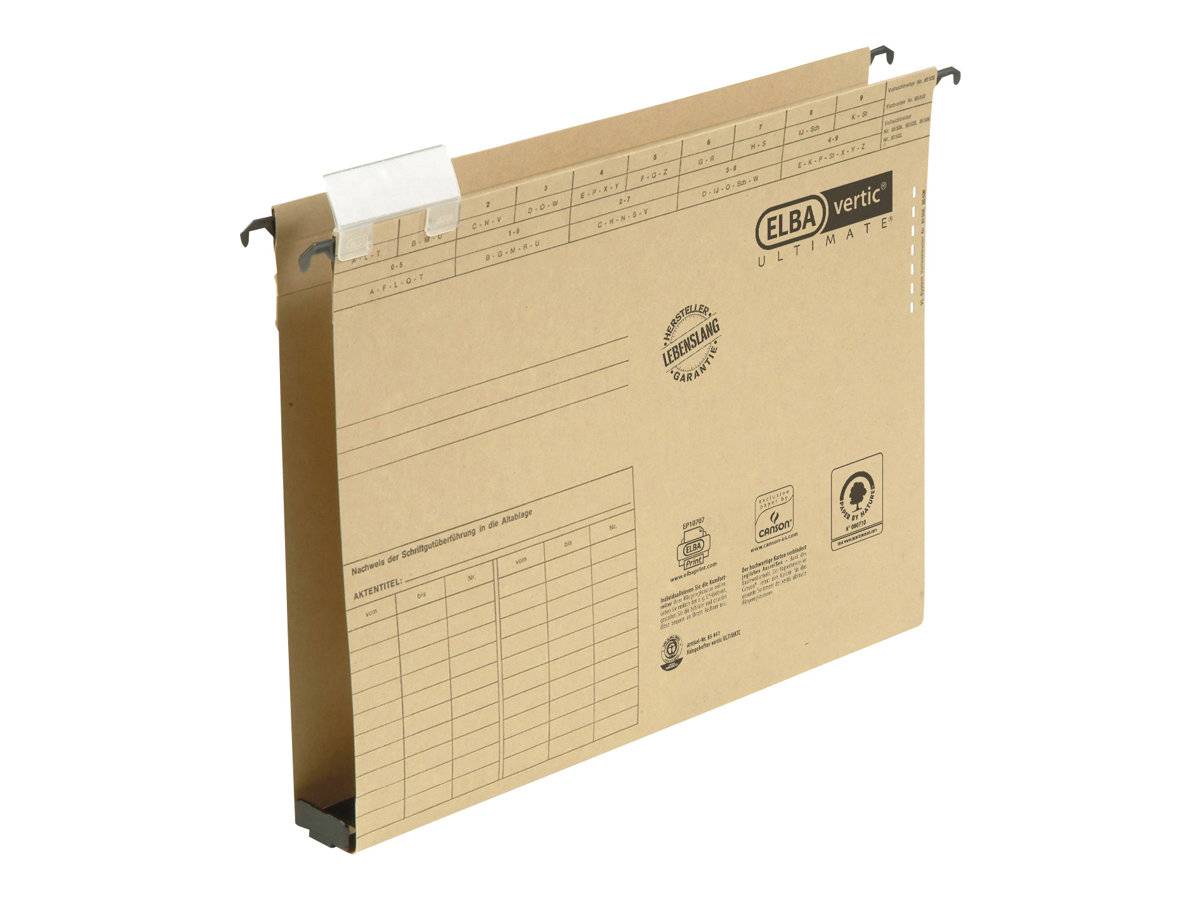 Eine beige Hängeregistratur mit schwarzen Beschriftungslaschen, gekennzeichnet als 'ELBA vertic ULTIMATE', die Gitterlinien und Abschnitte zur Dokumentenorganisation aufweist.