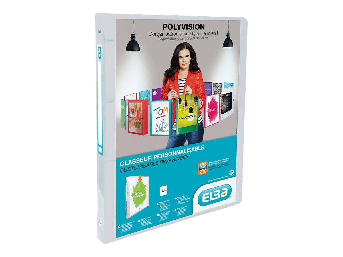 Verpackung für einen ELBA Polyvision personalisierbaren Ringordner, gezeigt in einer Einzelhandelsbox mit einer Frau, die austauschbare Coverdesigns präsentiert und dem Text „CLASSEUR PERSONNALISABLE