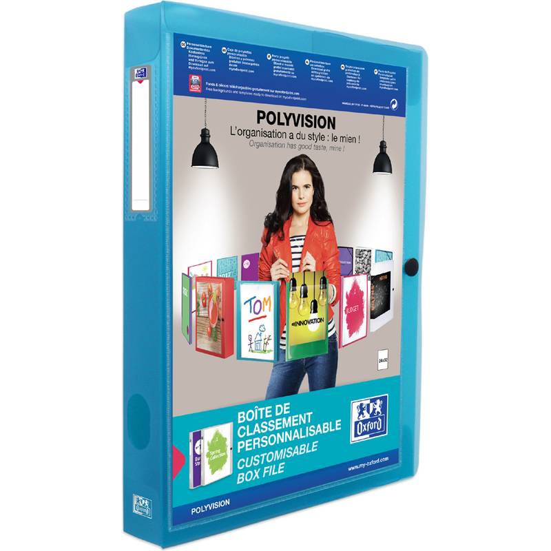 Blaue Oxford Polyvision anpassbare Dokumentenbox mit einer Frau auf dem Umschlag und Beispiel-Registerkarteneinlagen, beschriftet in Französisch und Englisch.
