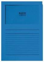 Blaues ELCO ORDO Notizbuch oder Ordner mit einem leeren Etikettenbereich oben und Linien im unteren Teil.