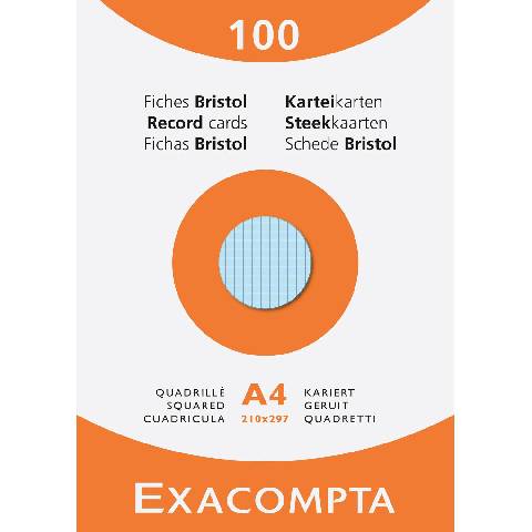 Exacompta Karteikarten A4 kariert, Faltschachtel mit 100 Stück, sortiert, 13276E