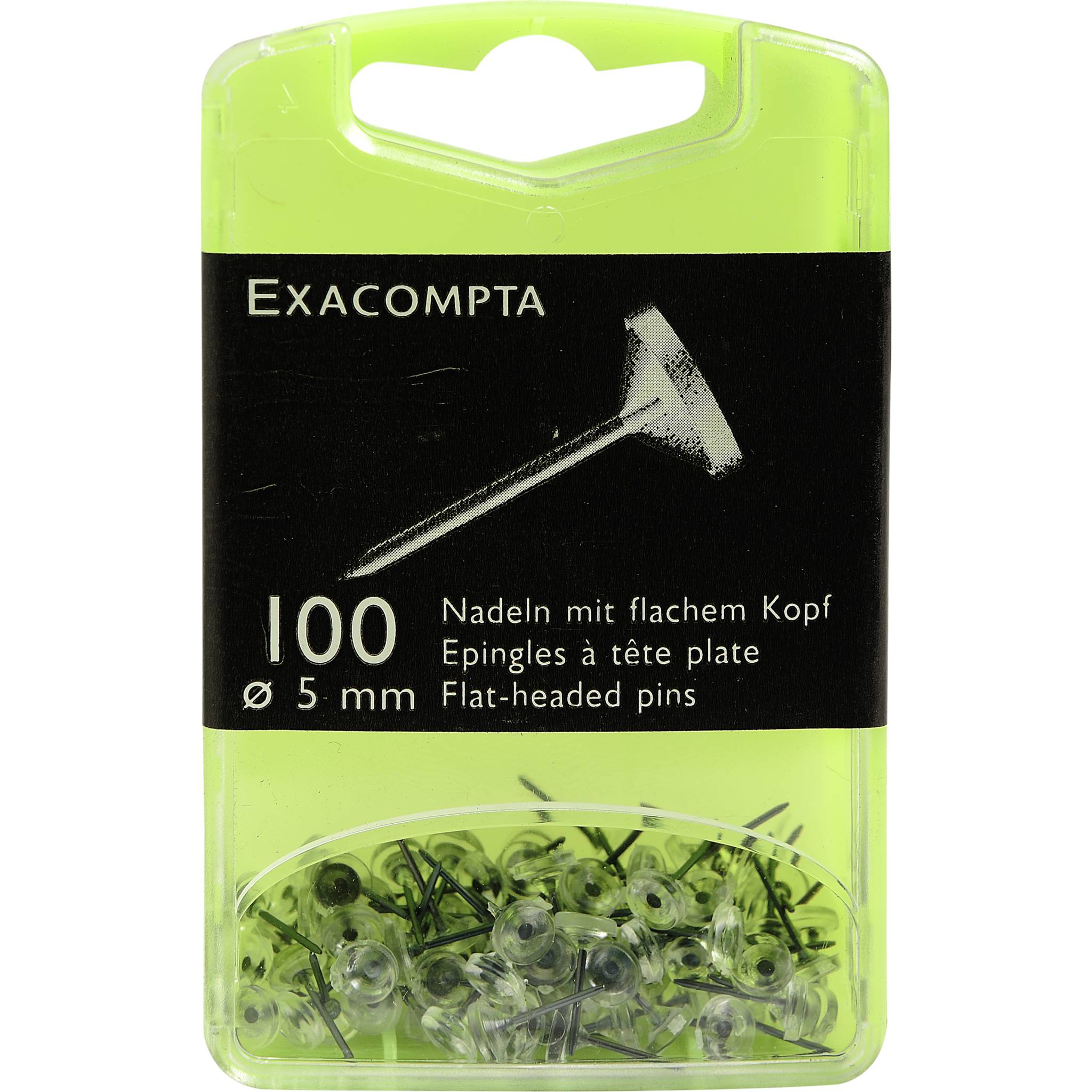 Exacompta Blisterbox + 100 Stück Flachkopfnadeln Ø5mm Spitze 8mm Kristall 14512E