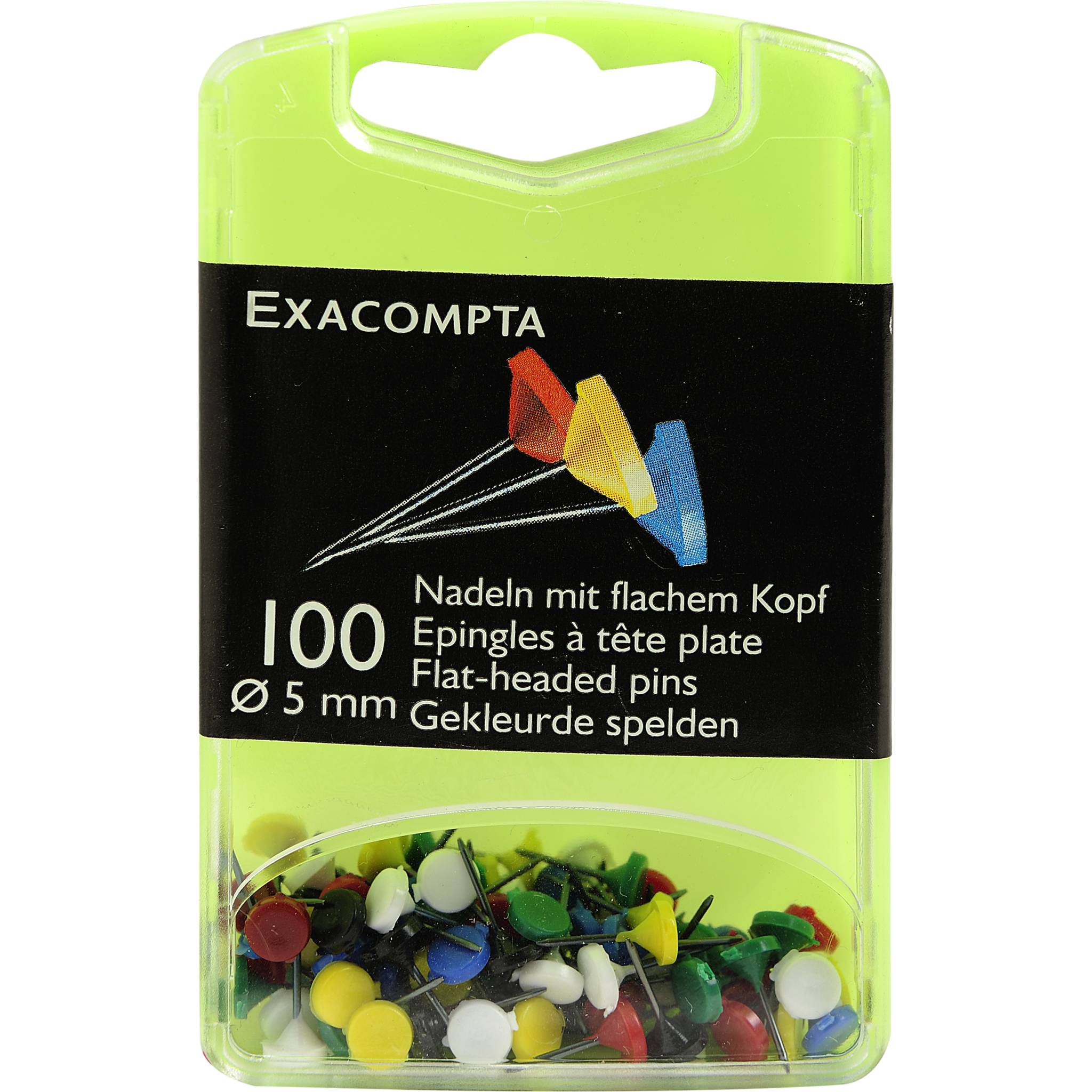Exacompta Blisterbox + 100 Stück Flachkopfnadeln Ø5mm Spitze 8mm sortiert 14572E