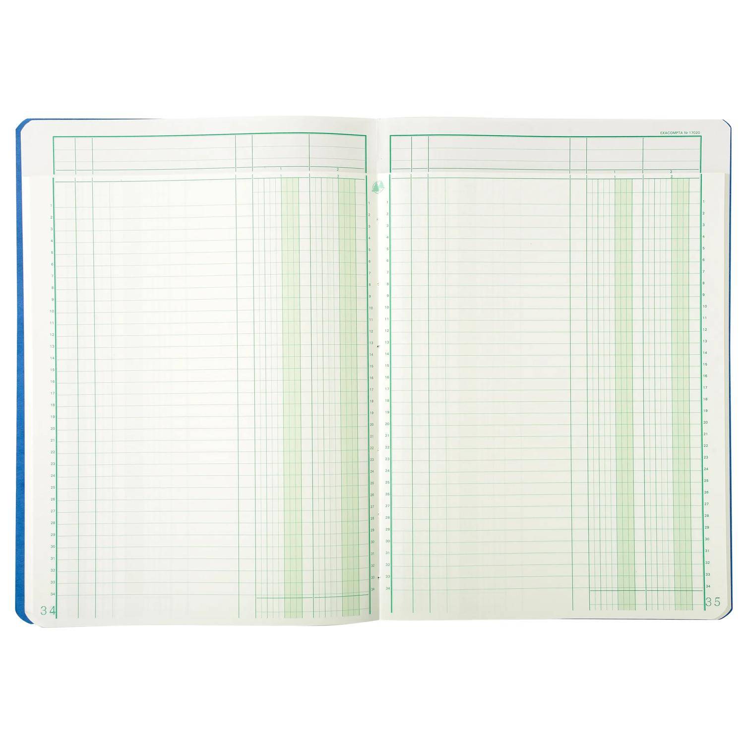Offenes blankes zweiseitiges Ledger- oder Buchhaltungsbuch mit grün gerasterten Spalten und Seitenzahlen 34 und 35 in den unteren Ecken.