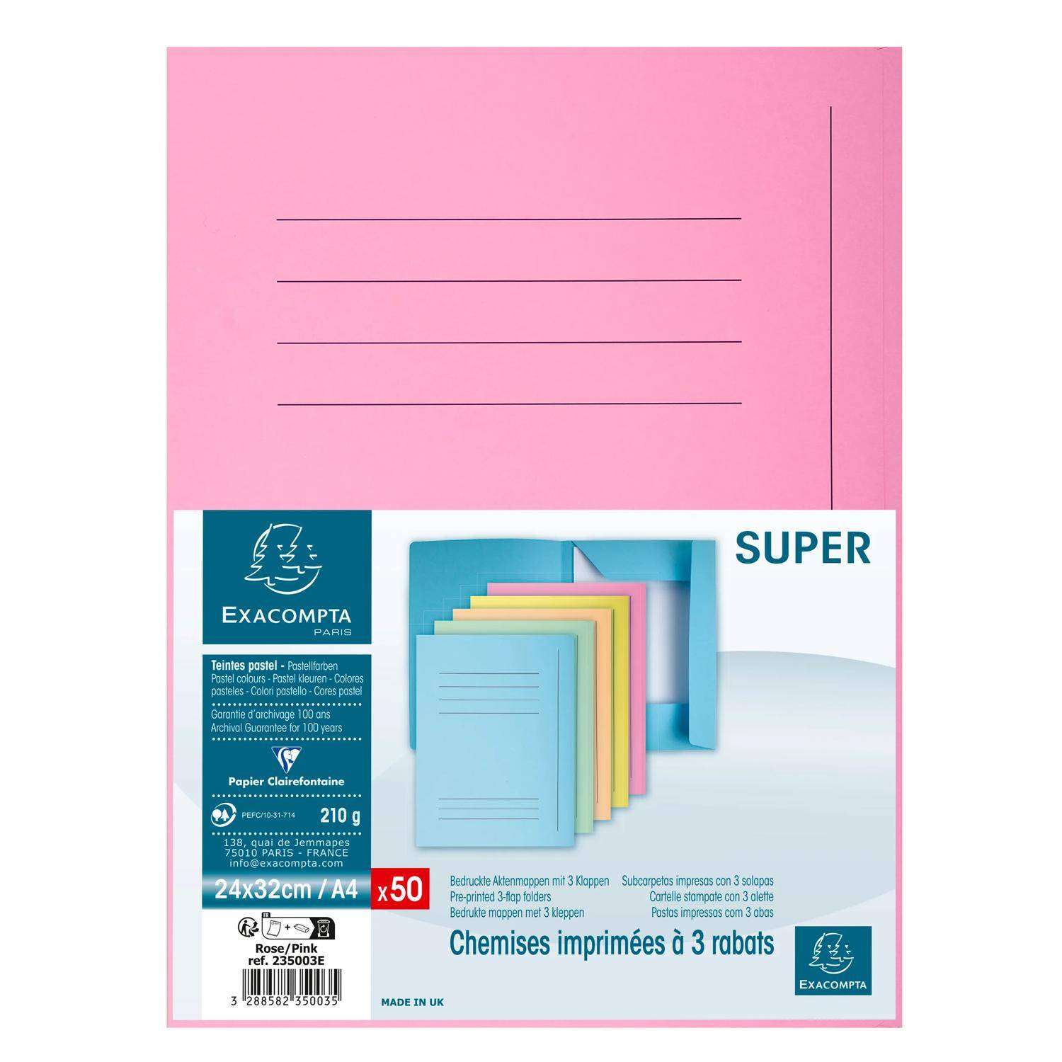 Exacompta Pack 50 Aktenmappen, mit 3 Klappen und Index, A4 - Rosa - 235003E