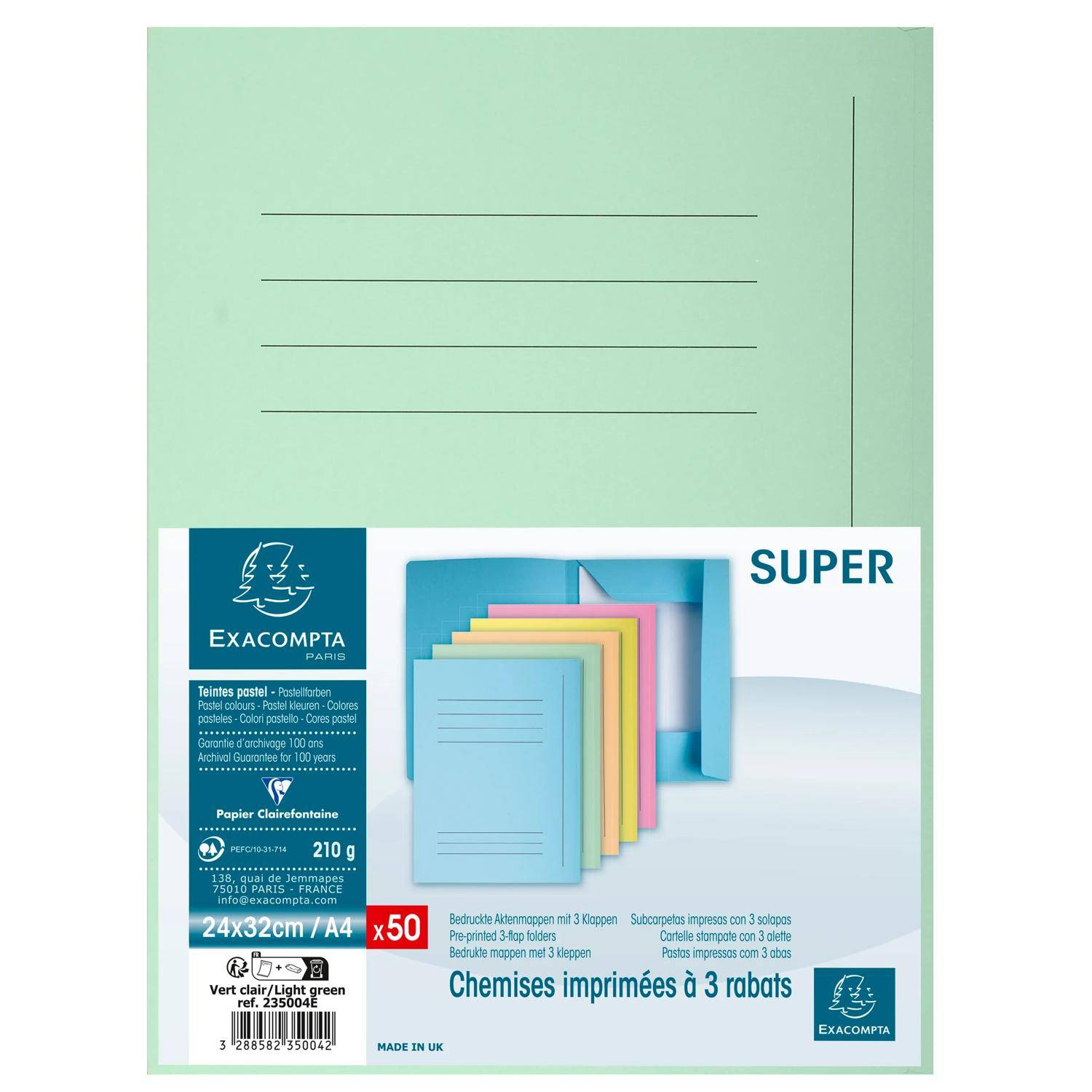 Exacompta Pack 50 Aktenmappen, + 3 Klappen, Index, A4, Hellgrün, 235004E