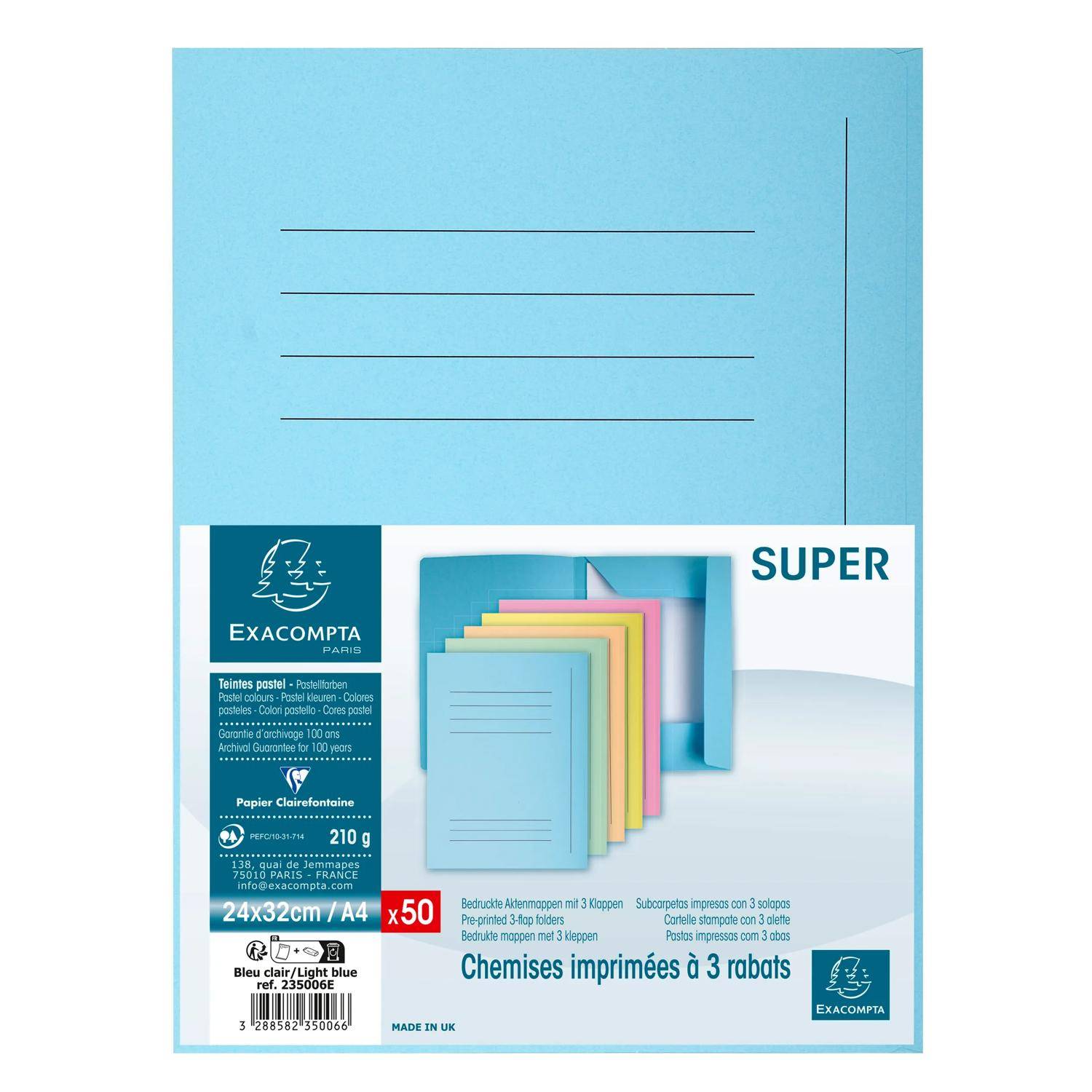 Exacompta Pack 50 Aktenmappen, + 3 Klappen, Index, A4, Hellblau, 235006E