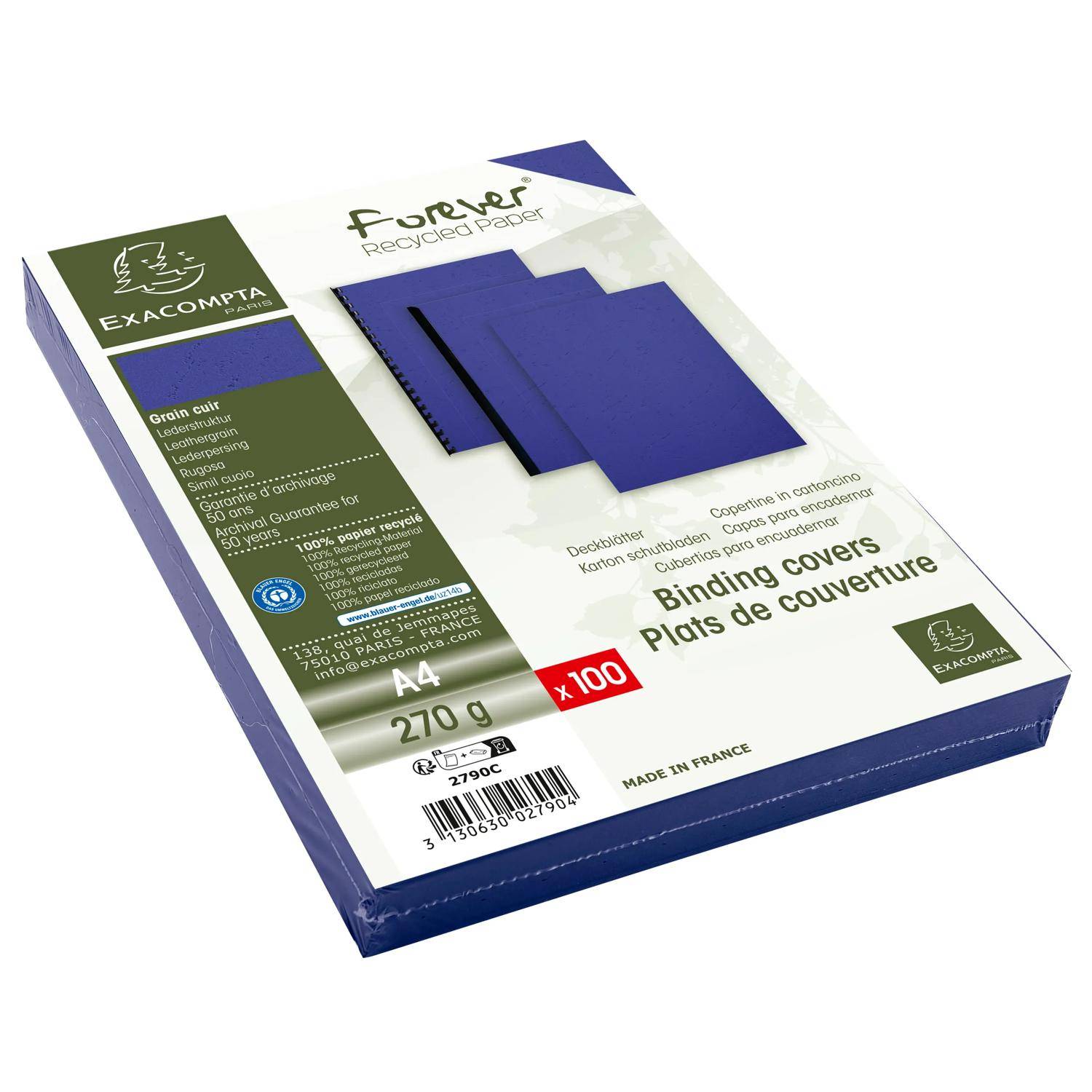 Packung Exacompta Recycling-Einbanddeckel A4, blau, 100 Blatt, 270 g, wie auf der Produktverpackung abgebildet.