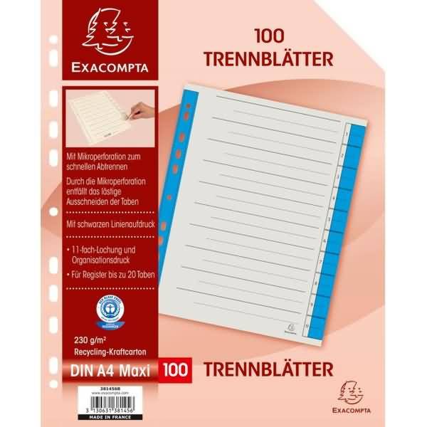 Trennblatt A4 230g/qm Karton (RC) VE=100 Stück blau